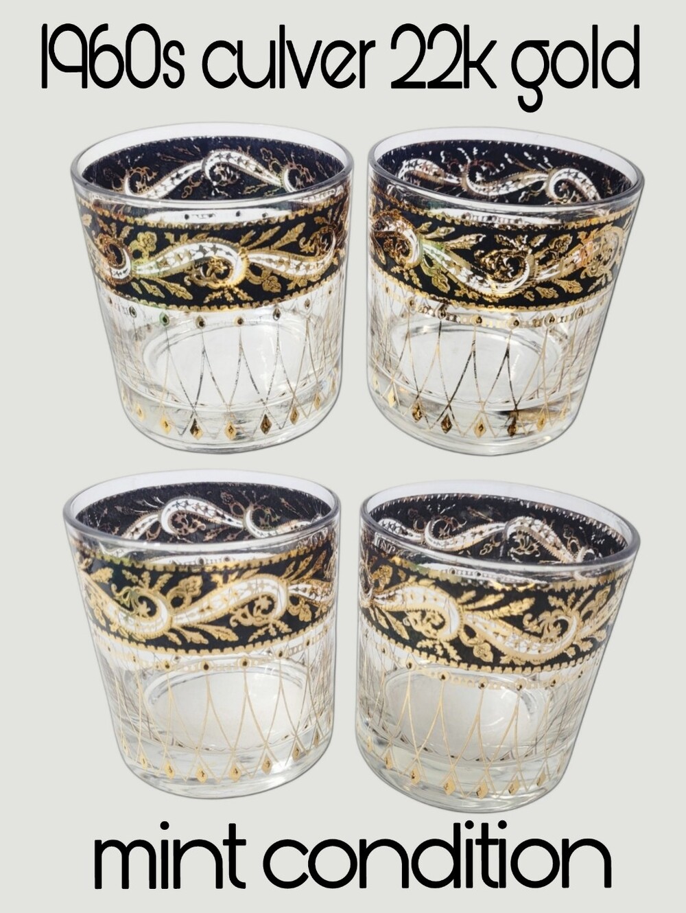 Vintage 1960s Culver 22k Gold mint Condition Leaf Scroll Lowball Bar  - Set of 4